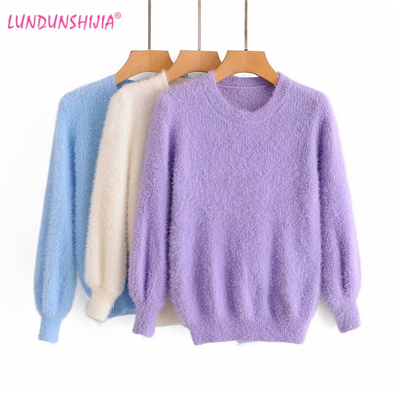 LUNDUNSHIJIA Autumn Women Mohair Short Sweaters Ladies O-neck Long Sleeve Slim Solid Color Pullovers Top
