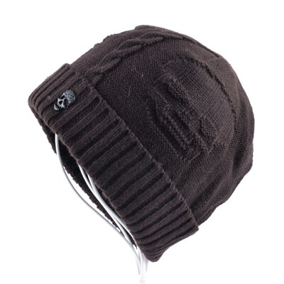 Super kule hodeskalle mønster luer for menn strikket ull pluss fløyels bein ensfarget hip-hop lue vinter dame lue gorro cap: Brun