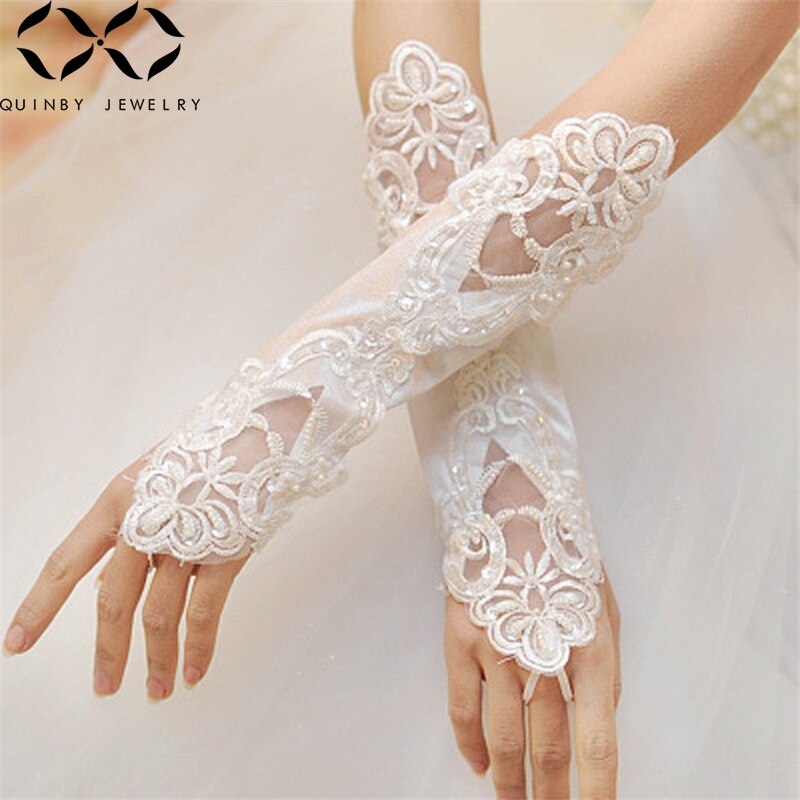 Quinby Wedding Gloves Women Fingerless Bridal Gloves Long Sequin Lace gant mariage femme Party gloves Wedding Accessories Q5