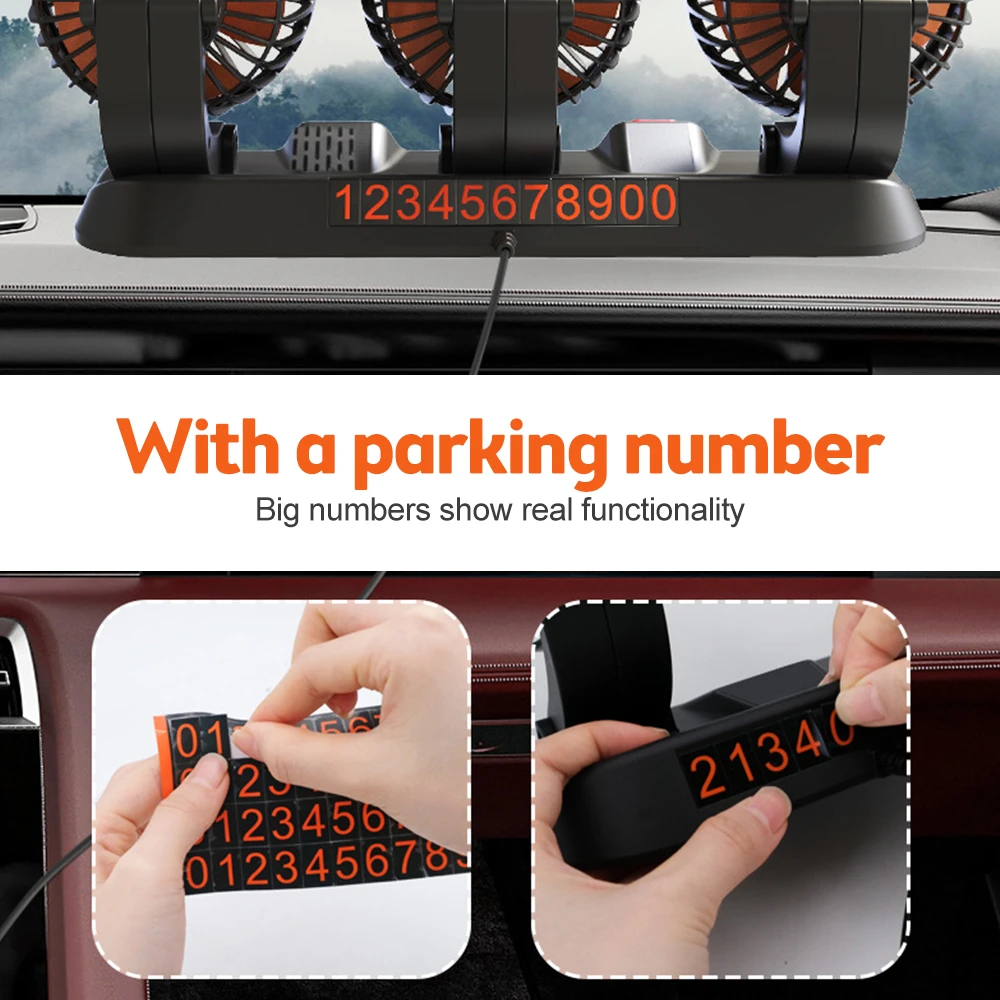 Ventilador automotriz de 12v para coche, dispositivo de ventilación ajustable de 360 °, 3 cabezales, poco ruido, multifuncional, tarjeta de estacionamiento temporal