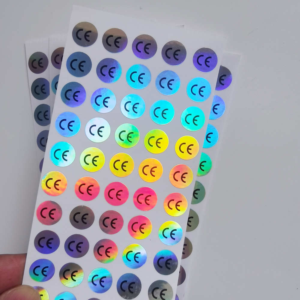 Pegatina CE redonda de 1cm, etiqueta circular de Base blanca/plateada/holográfica/transparente, 500 Uds.