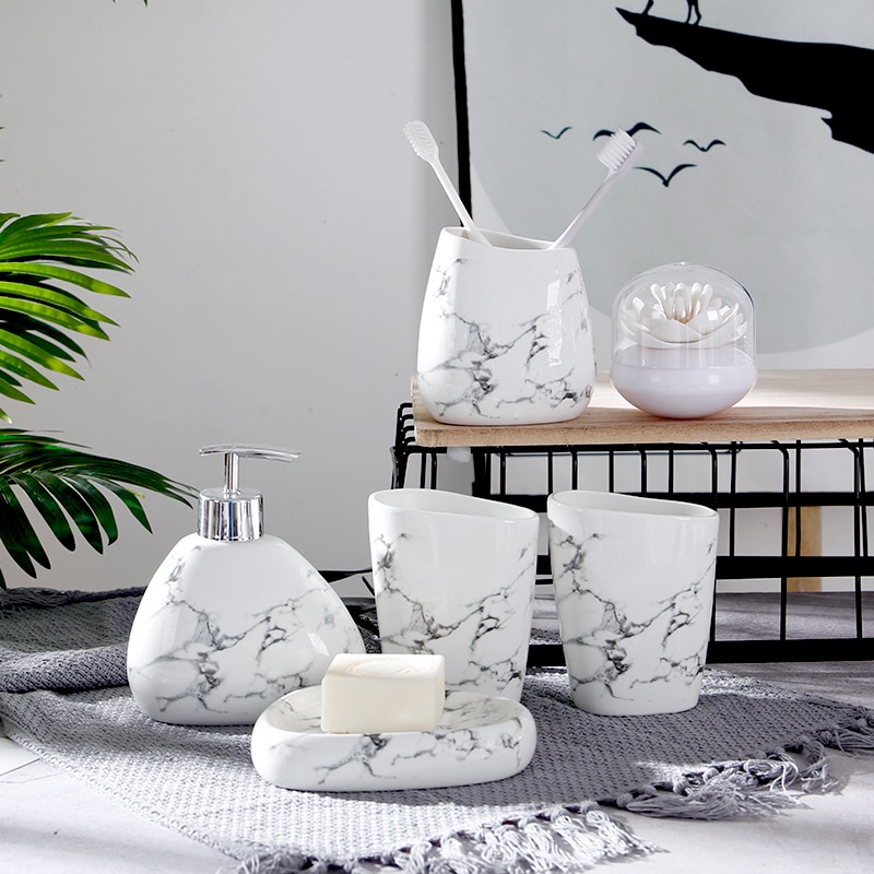 Distributeur de savon en céramique, ensemble d'accessoires de salle de bains, Imitation marbre, porte-brosse à dents, gobelet, plat de savon, produits de salle de bains