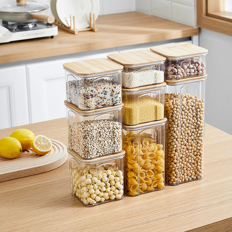 PET Plastic Food Sealed Storage Box with Bamboo Lid Coffee Beans Pasta Kitchen Storage Containers Household Kitchen Organizers
