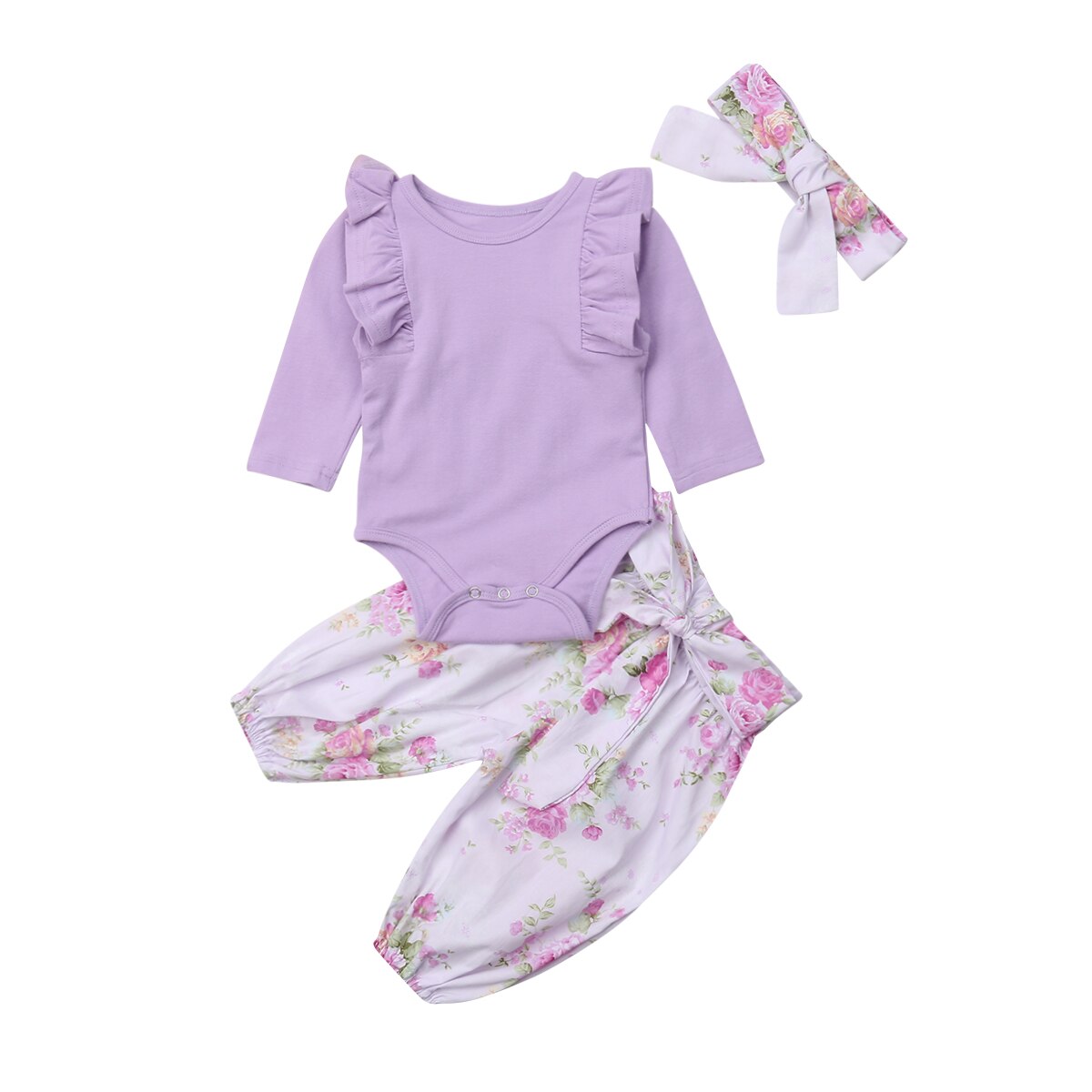 Merke 0-24m spedbarn baby jente gutt blomster høstklær sett volanger lange ermer solide bukser+bukser+hodebånd: Lilla / 12m