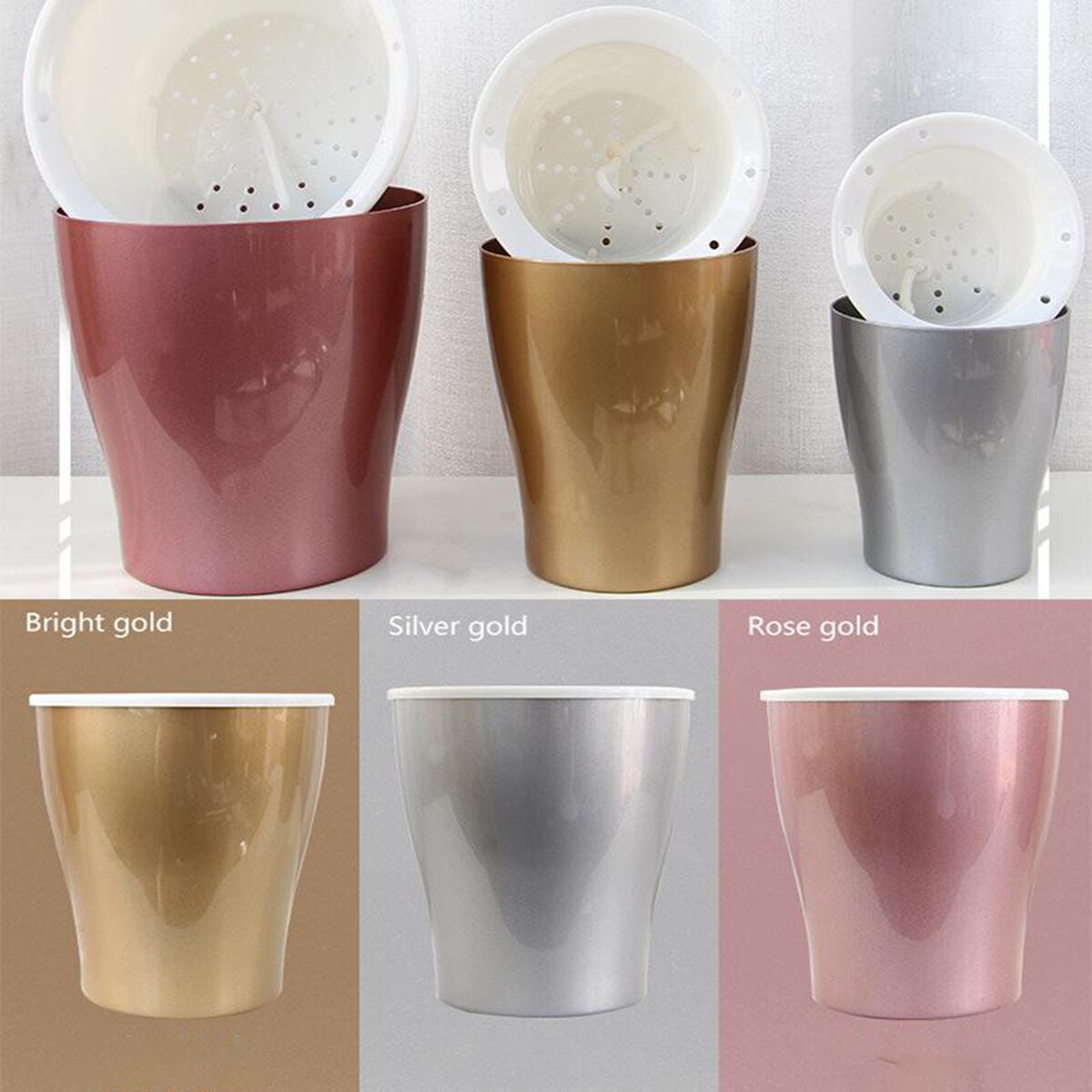 Goud Zilver Rose Goud Bloempot Self Watering Absorberen Bloem Plant Lui Gesimuleerde Metalen Potten Voor Yard Garden Outdoor Living