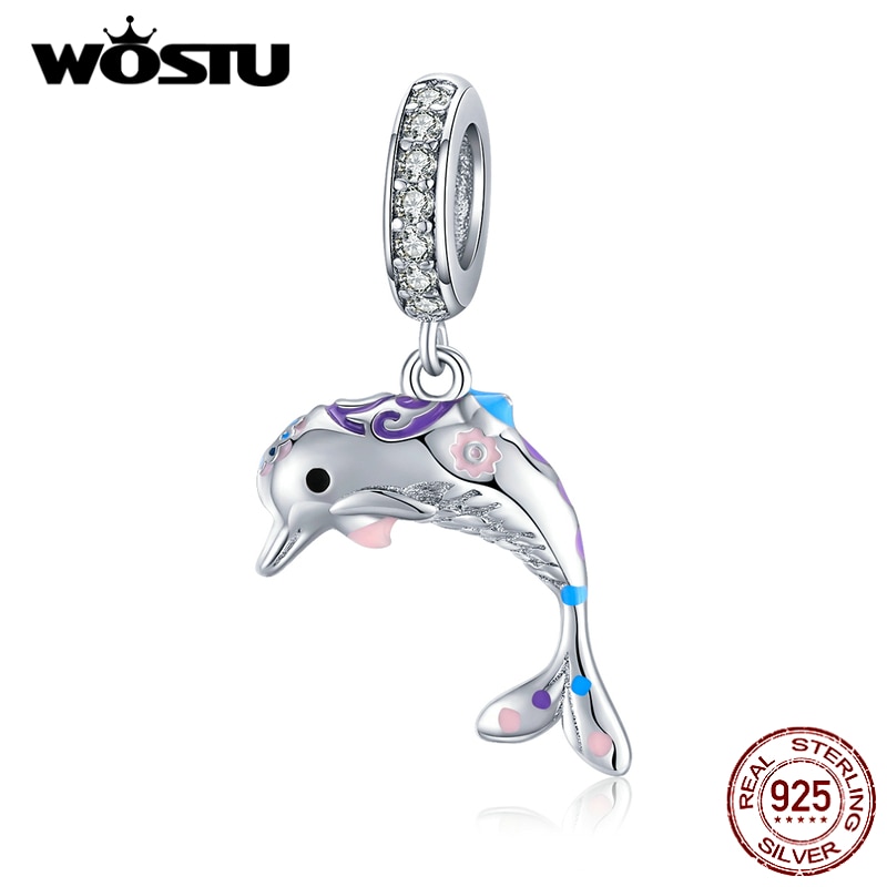 WOSTU Echt 925 Sterling Silber SchöNe Delfin Reize Zirkon Korn passen Original Armbinde Anhänger Für Frauen Schmuck CTC159