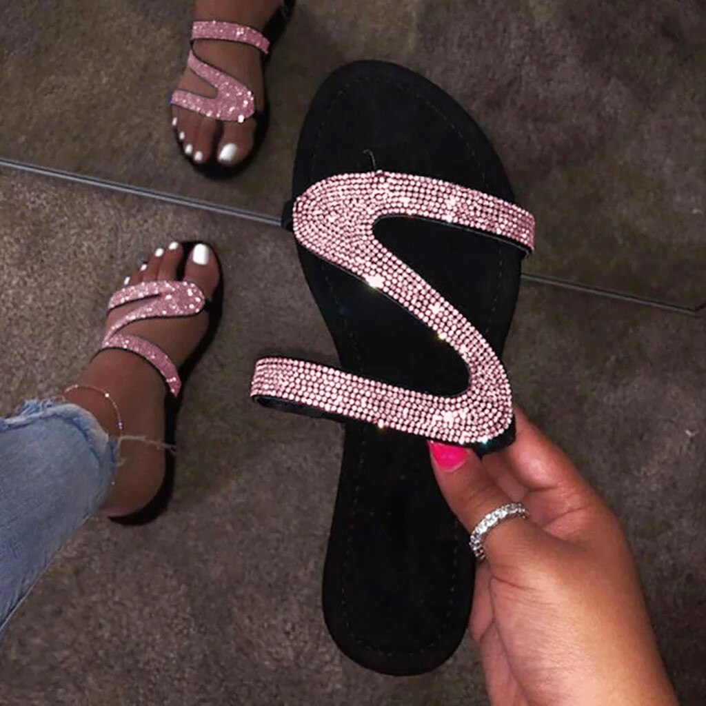 Summer Sandals Women Flip Flops Rhinestone Flat Sandals Ladies Slippers Shoes Female Round Toe Bling Luxury Sandalias Mujer: Blue / 38