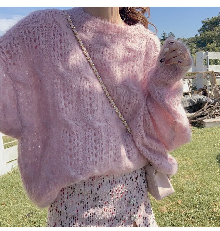 Wit Chic Mohair Trui Herfst Lange Mouwen Hollow Out Trui O-hals Casual Truien Vrouwen Jumper Zoete Trui: Roze