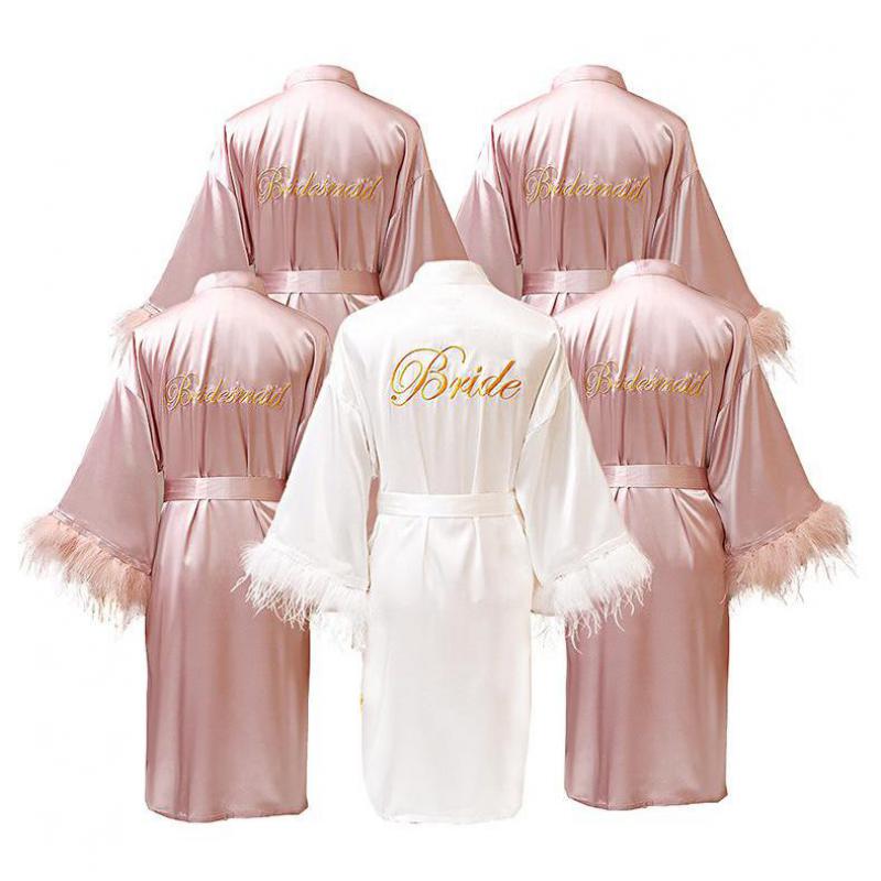 Vrouwen Veer Bruid Bruidsmeisje Robe Satijn Kimono Badjas Toga Nachtkleding Borduurwerk Brief Nachtjapon Lingerie