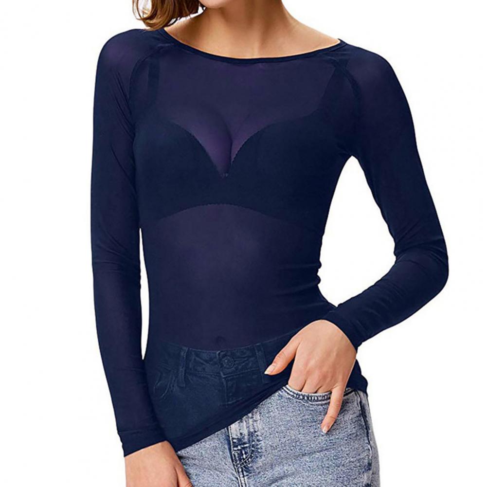 Transparent mesh-bluse til kvinder, langærmet, sexet, gennemsigtig, stretchgarn-bluse med mesh-bund, sol-t-shirt: S / Grøn