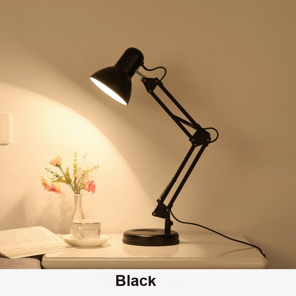 5W LED Long Swing Arm Adjustable Classic Desk Lamps E27 Clip Table Lamp For Study Office Reading Bedside Bedroom Night Light: Black
