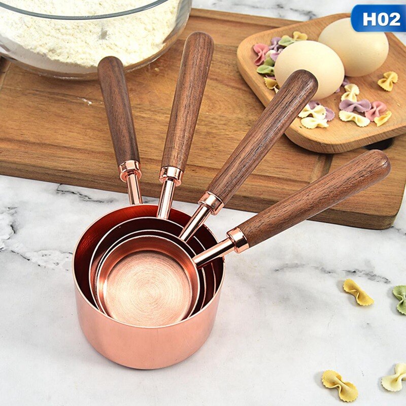 4 st roséguld rostfritt stål kopparplåt mätkoppar sked set valnöt trähandtag för kök matstång bakverktyg: H02