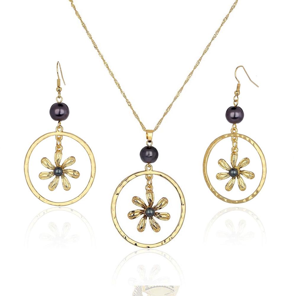 Cring Coco Mode Hibiscus Bloemen Sieraden Set Vrouwen Hawaiian Polynesische Vergulde Ketting Oorbellen Set: ZH0015GOGR
