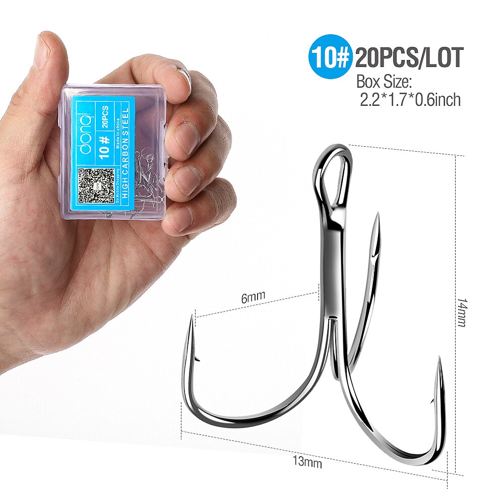 DONQL 20pcs/Box Treble Fishing Hooks Carbon Steel Barbed Fishhooks Set Triple Hooks Sea Fishing Tackle Accessories For Lures: Size 10