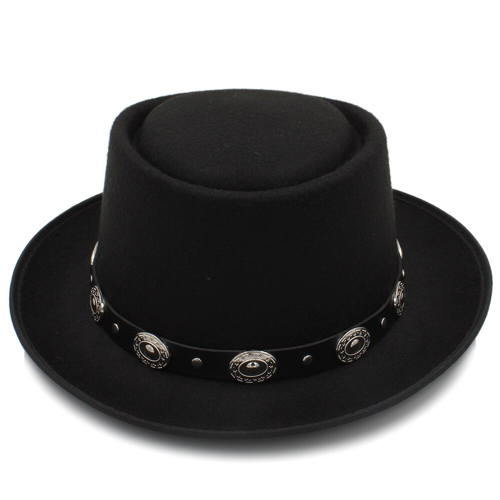 Vrouwen Pork Pie Hoed Vader Wol Platte Fedora Hoed voor Dame Koningin Gambler Schipper Trilby Hoed Hoed Maat 58 cm: Black