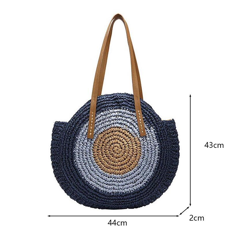 Ronde Stro Strandtas Vintage Handgemaakte Geweven Schoudertas Raffia Cirkel Rotan Zakken Bohemian Zomervakantie Casual Tassen: Stripes-blue