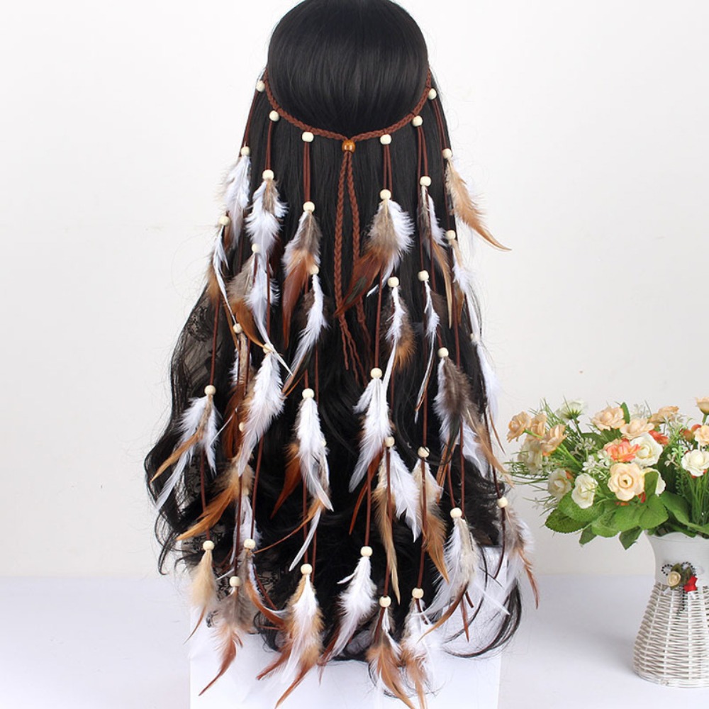 Tassel Feather Headband Adjustable Beaded Boho Style Headdress Ethnic Costume Rainbow Indian Headband Carnival