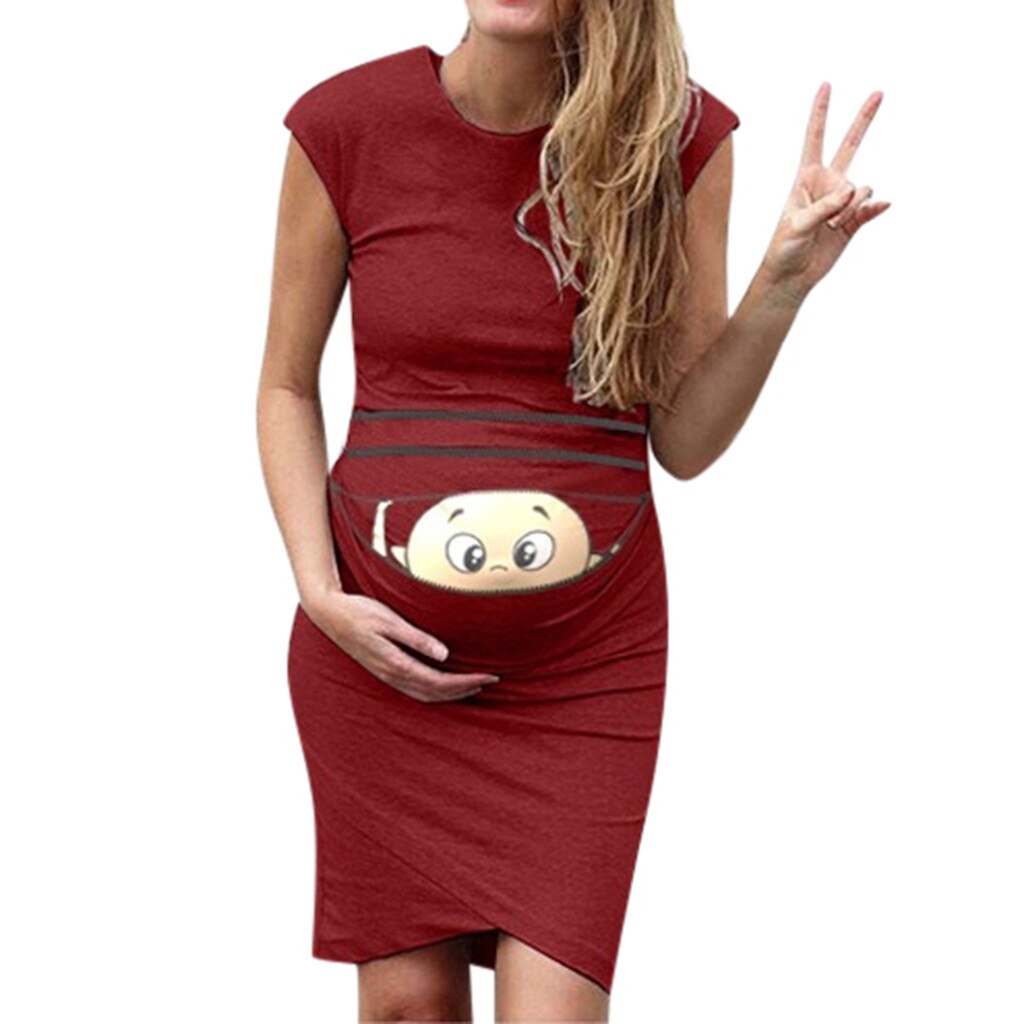 clothes for pregnant women Print Pregnant Maternity Dress Maternity Props Bodycon Casual Mini pregnant dress: Wine Red / M