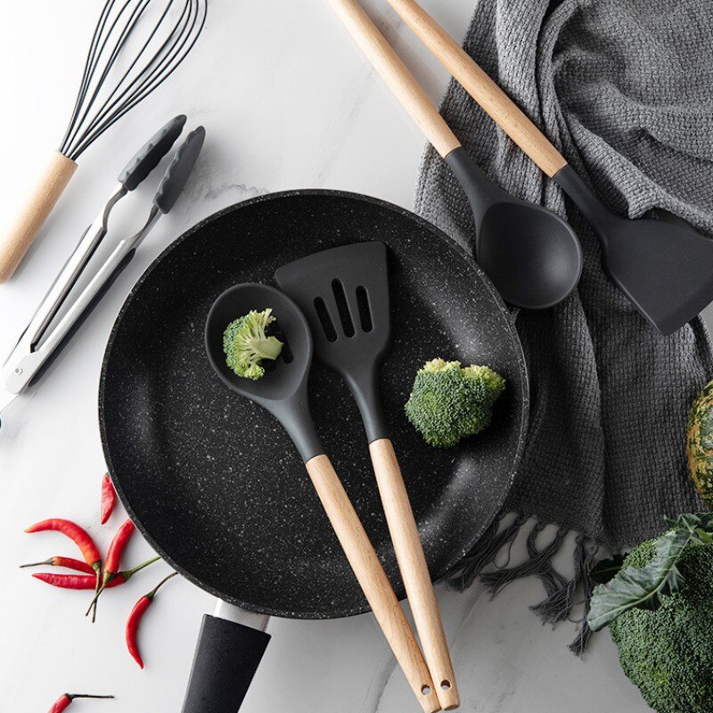Kitchen utensils cooking set household full set of kitchen utensils 11 piece set of silicone kitchenware with wooden handle