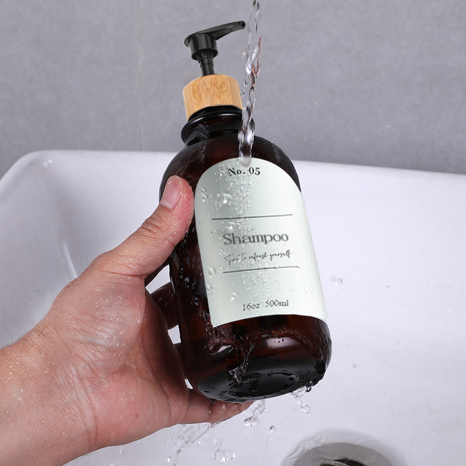 Dispensador de jabón con bandeja de bambú para cocina, baño, decoración de fregadero, botella de jabón para champú, acondicionador, lavado de cuerpo, dispensador de lavado de manos