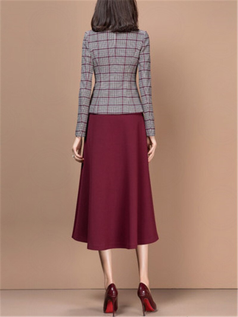 Trajes de vestir para mujer, de manga larga, Estilo Vintage a cuadros, chaqueta delgada, vestidos de talla grande, Formal, de negocios, para oficina, conjunto de 2 piezas de ropa