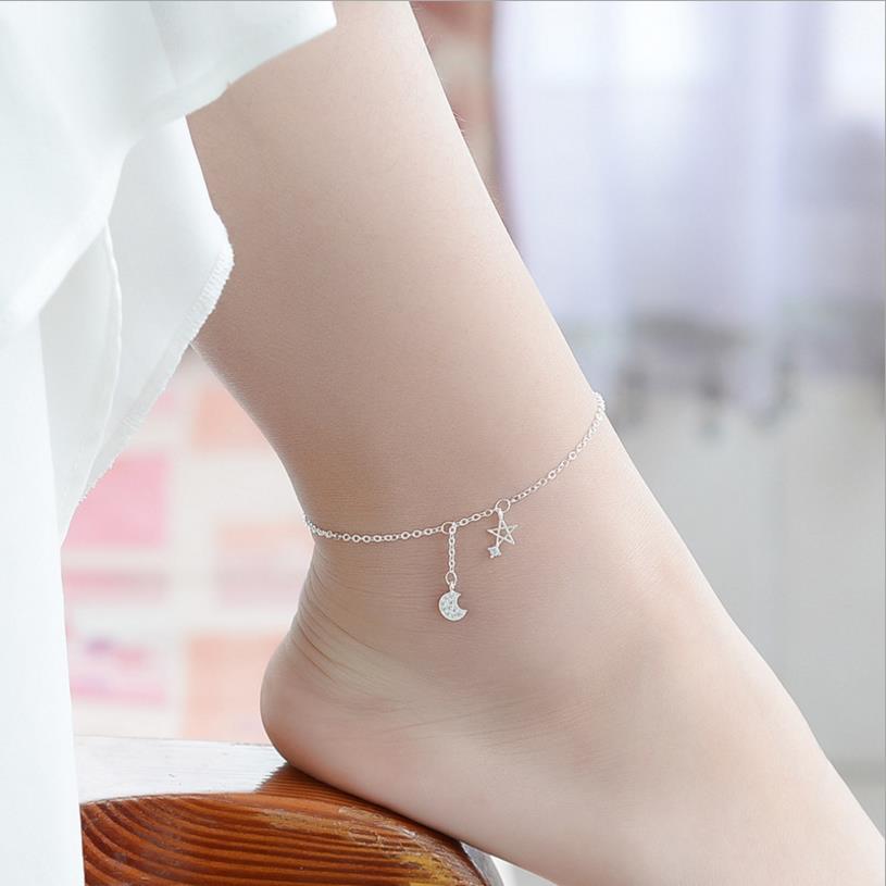 Pulsera con de luna y estrella para mujer, joyería, tobilleras de plata 925 para niña, accesorios de , tobillera femenina con circonita