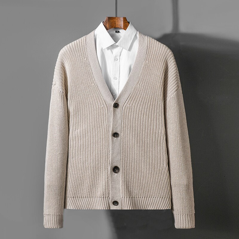 Huncher herr stickad kofta herr höst vinter tröja oversized koreanska solid cardigans vita tröjor för män: Khaki cardigan män / Asiatisk -2xl