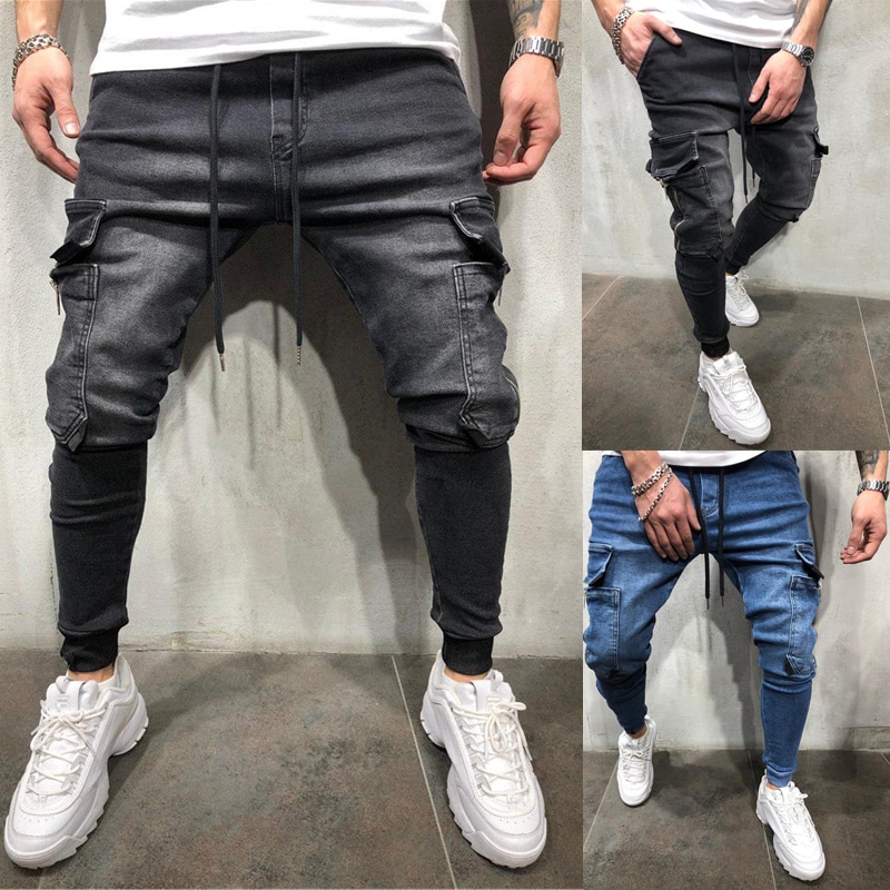 Hommes extensible multi-poche maigre jean hommes poche fermeture éclair crayon pantalon jean pantalon décontracté Hip hop pantalons de survêtement