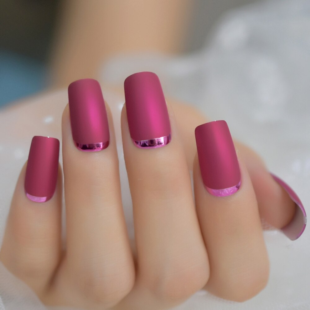 Vierkante Matte Metalen Nagels Cherry Rose Roze Layer Frosted Kastanjebruin Nagels Kunstmatige Acryl Druk Op Nagels