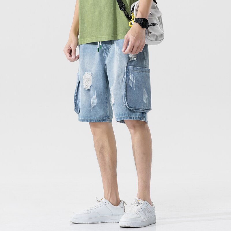 Plus Size 5XL-M Summer Destroyed Denim Shorts Men Clothing Side Big Pockets Loose Casual Jeans Short Homme Blue