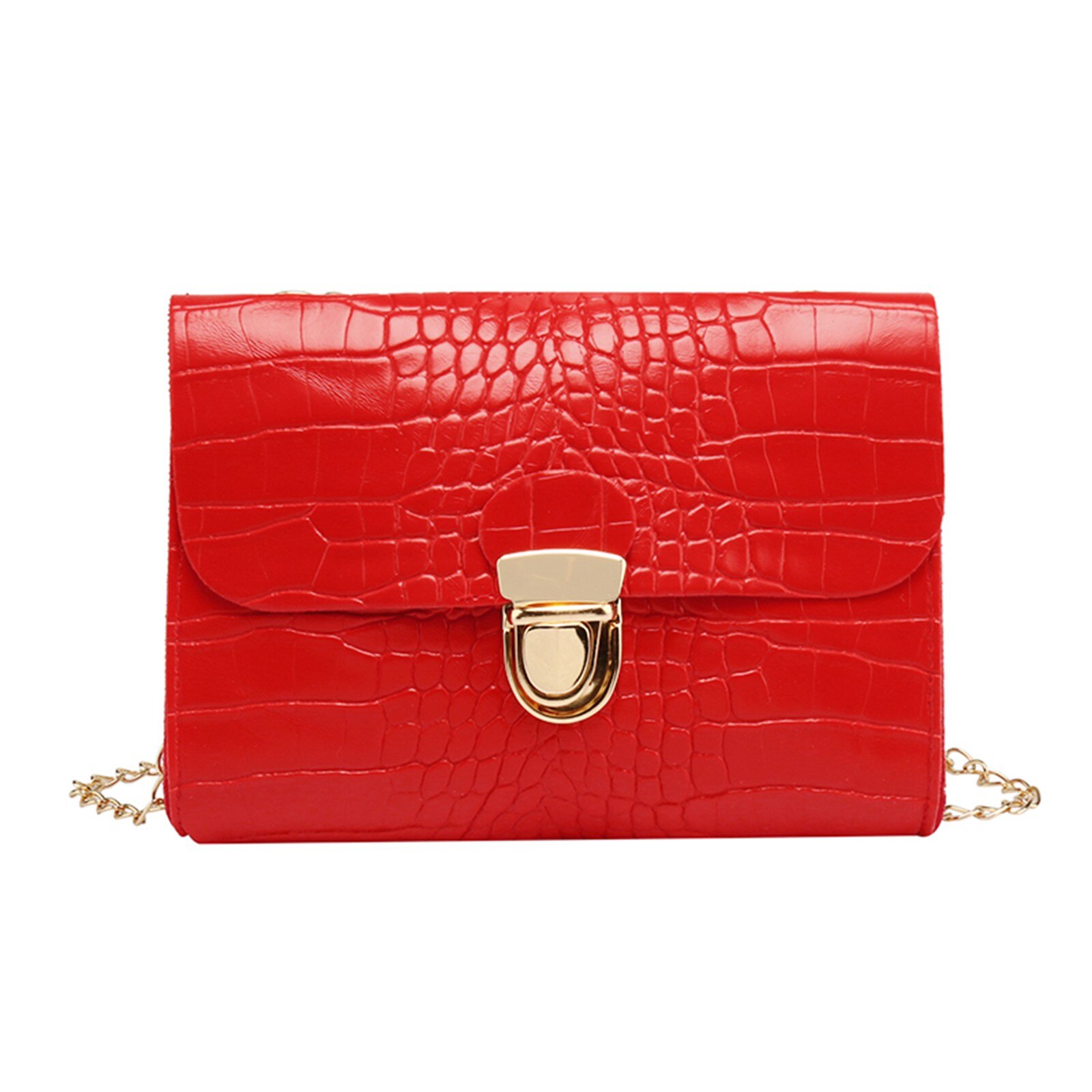 Ladies One-Shoulder Chain Small Square Bag Messenger Lock Bag Female Leather Solid Color Chain Handbag for Women: Red