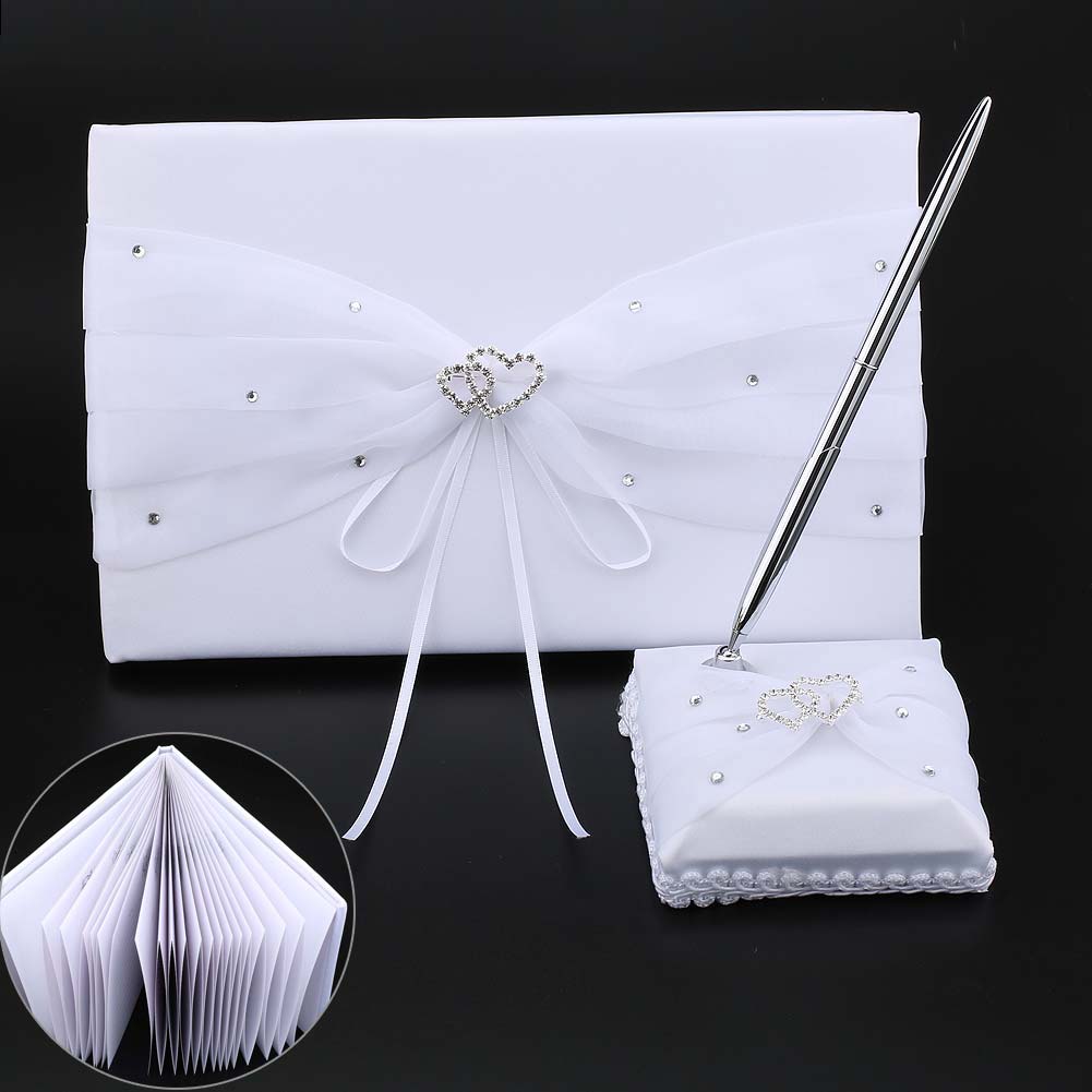 Hvid signatur gæstebøger til bryllupsfest dobbelt hjerte diamant udsmykket satin gæstebog pen stativ pary dekor forsyninger