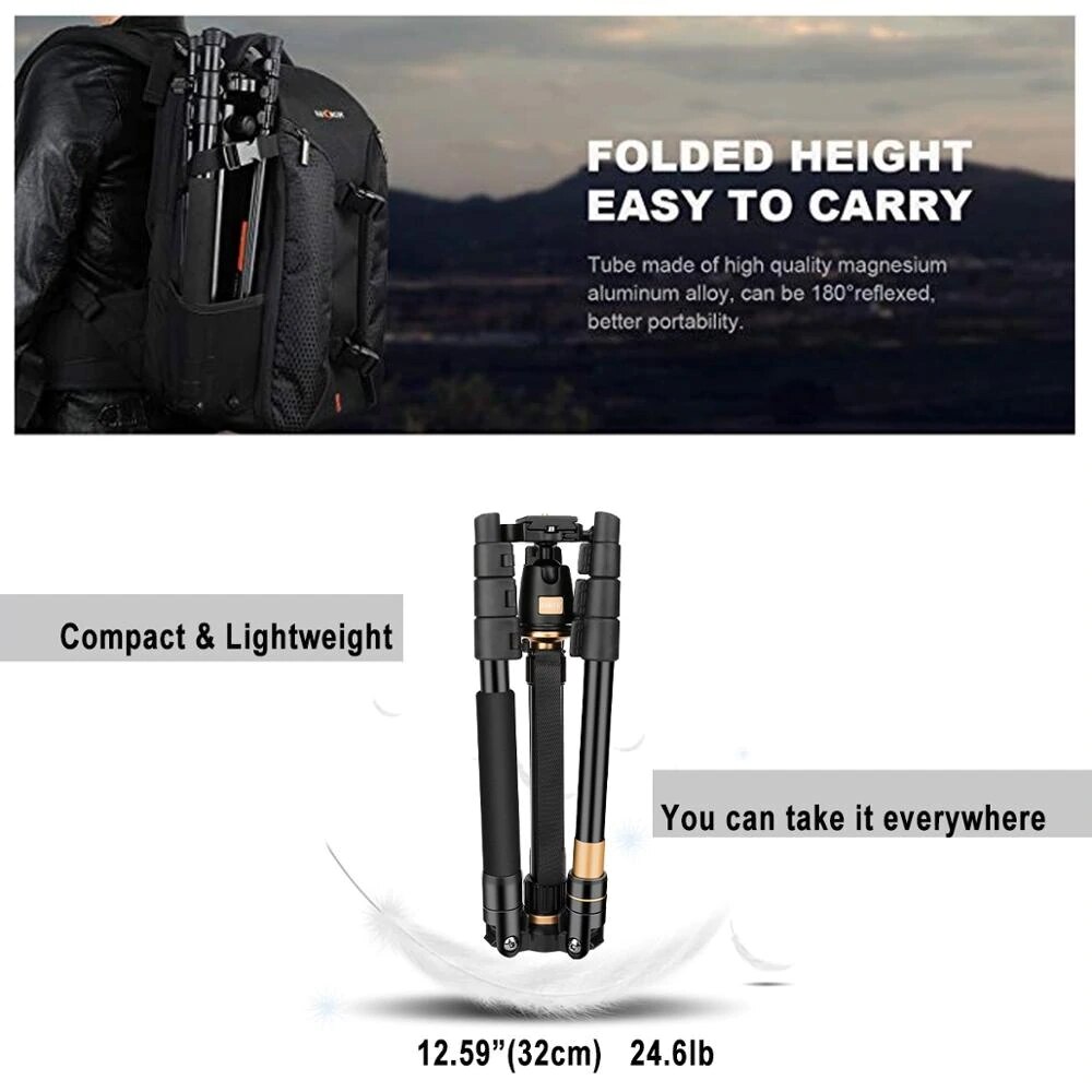 Trépied AFAITH QZSD Q555 pour appareil photo reflex numérique monopode de voyage en aluminium léger Ultra Compact avec plaque de dégagement rapide à tête sphérique