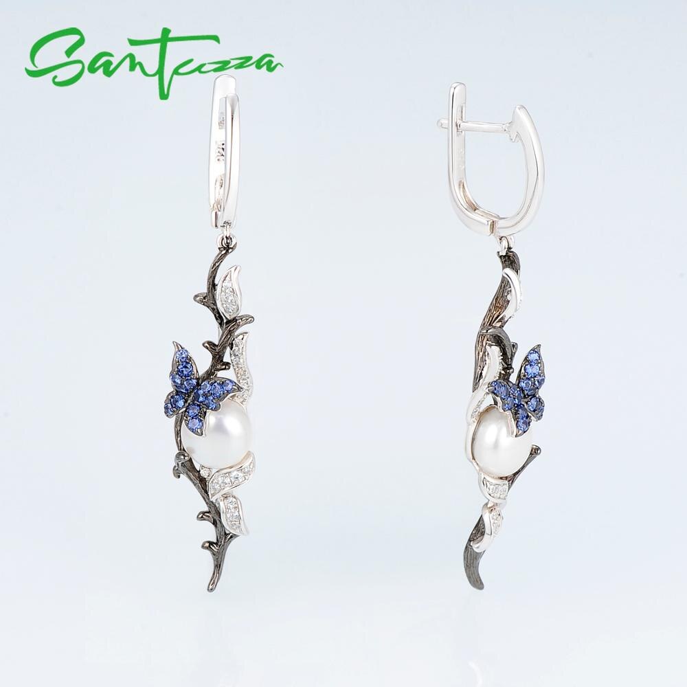 Santuzza Zilveren Oorbellen Voor Vrouwen 925 Sterling Zilveren Dangle Oorbellen Blauwe Vlinder Zoet Water Witte Parel Mode-sieraden