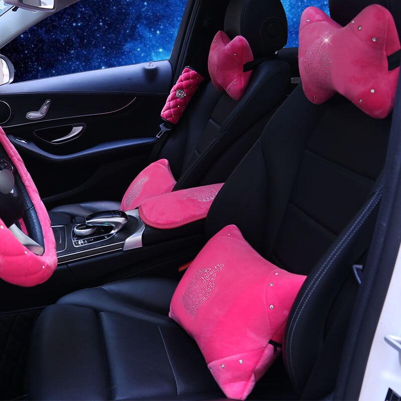 Crystal Crown Auto Car Neck Pillow Pink Car Seat Head Neck Auto Headrest Support Rest Cushion Bling Car Accessories Women