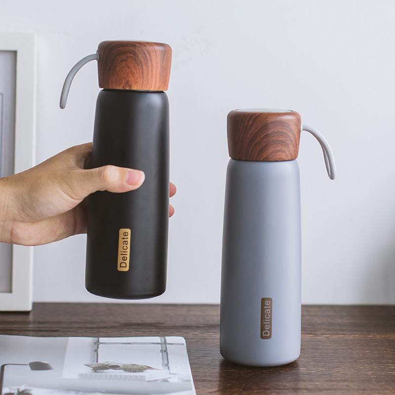 Termo de acero inoxidable 500 para exteriores, botella de agua de 304 ml, sin Bpa, con tapa de madera y cuerda portátil, para leche y té