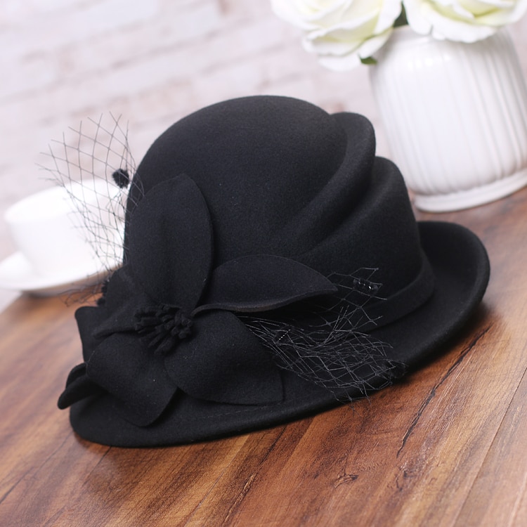 Sombrero de invierno para mujer, gorro de lana cálido estilo Gatsby, flor, , asimétrico, 1920: black