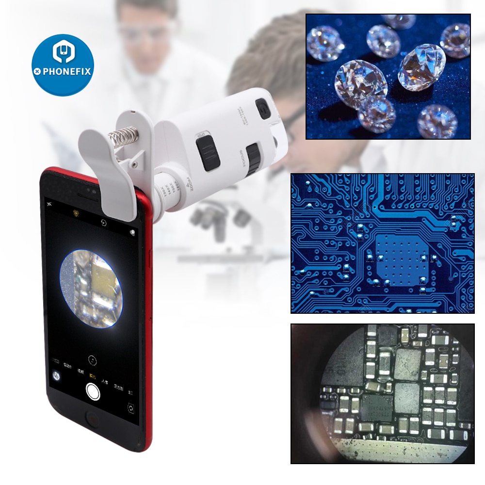Handheld 120X/190X Mobile Phone Microscope with Cell Phone Clip Pocket Magnifying Glass LED UV Light for Jade Identification