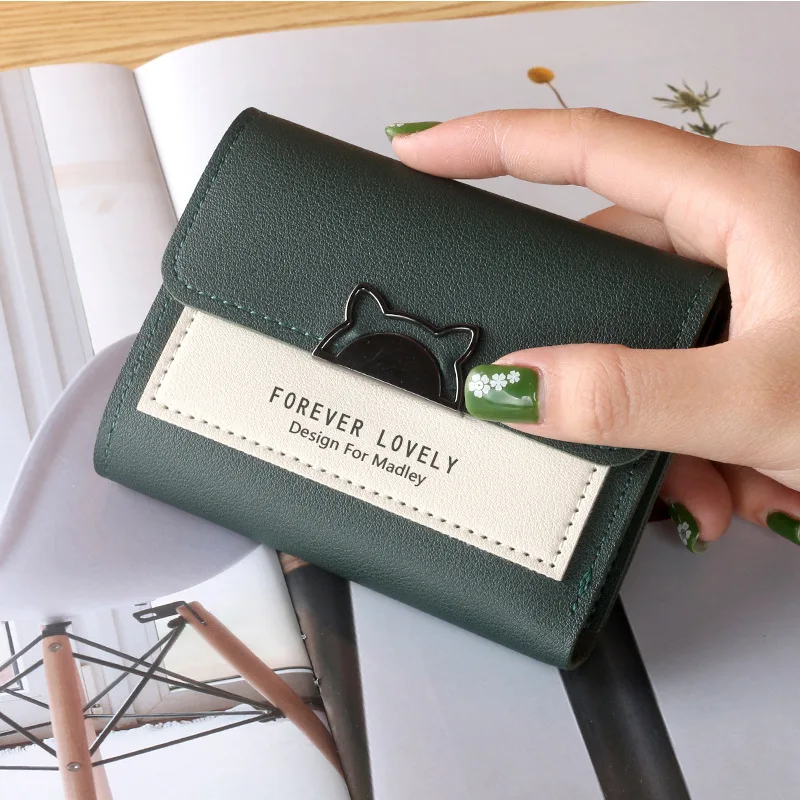 Cartera pequeña con orejas de gato para mujer, minibilletera bonita con único, monedero pequeño con hebilla de Metal contrastante, monedero portátil,: Verde