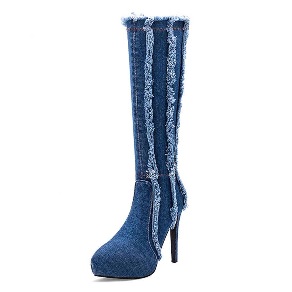 Women Newest Pointed Toe Over The Knee Blue Denim Boots Zipper Gladiator Boots Long High Heels Jean Womens Shoes: 39