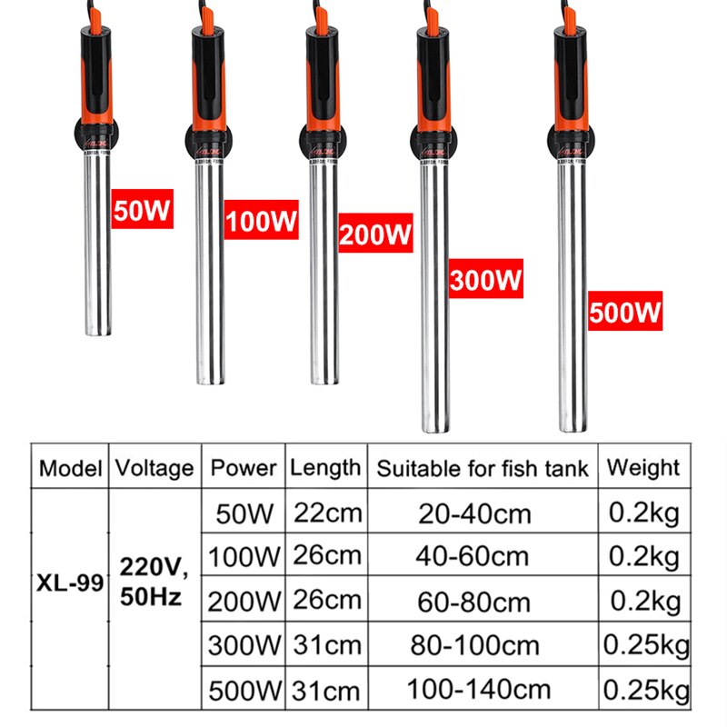 50~500W Aquarium Heater Submersible Stainless Steel Adjustable Fish Tank Heating Rod Control Temperature Power Saving Heater