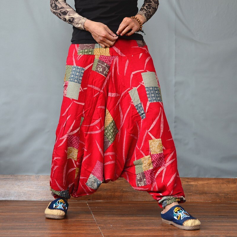 Pantalones bombachos para hombre con dibujo étnico bombachos grandes de algodón y lino respirables, pantalones largos Retro holgados con farol, pantalones de talla grande