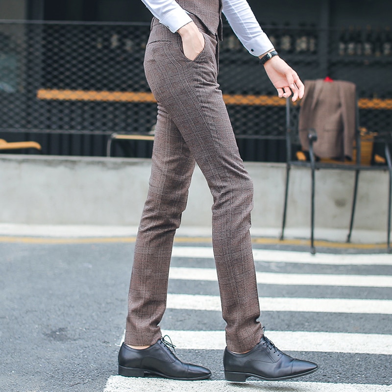 Mens High-end Brand Boutique Plaid Casual Business Suit Pants / British Casual Men Slim Casual Pants Trousers