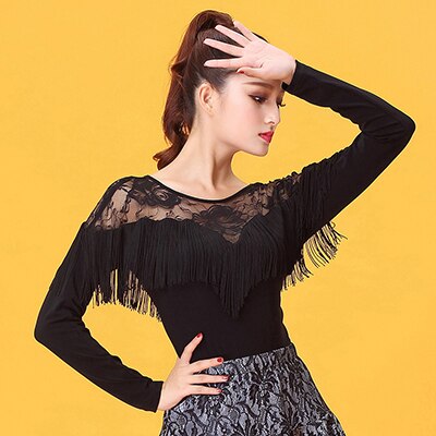 Black Ballroom latin Dance Top Flamenco Blouse Standard Modern Dancer Costume Performance Outfits Waltz Dancewear: XXL