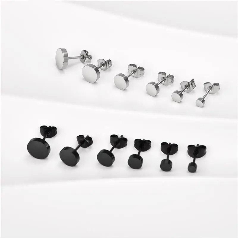 Orecchini a bottone neri rotondi in acciaio inossidabile da 2 pezzi per uomo, orecchini a bottone punk da 3-8 mm orecchini spingere indietro per gioielli da donna