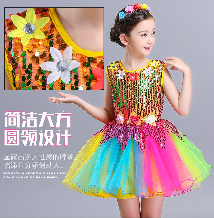 Kinderen Meisje Mouwloze Pailletten Ballerina Tule Ballet Jurk Bloem Regenboog Jazz Latin Dans Jurk Meisje Kleding Stage Performance