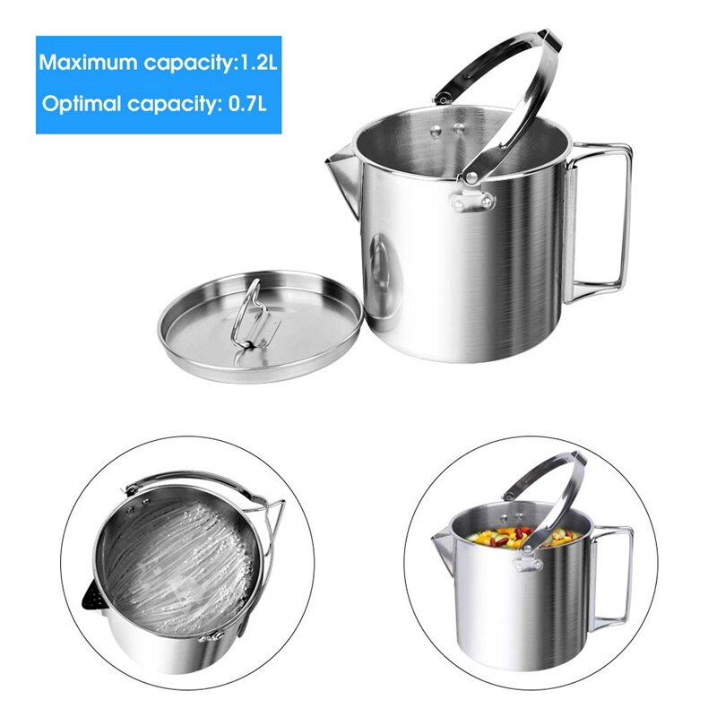Utomhus camping vattenkokare rostfritt stål kokvatten 1.2l lätt kompakt camping kruka för vandring backpacking picknick