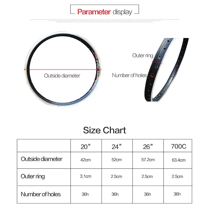 26 Inch Electric Bicycle Wheel Rim 16" 24" 26" 27.5" 700C Aluminum Alloy Ebike 36 Spokes Holes Double Layer Electric Bike MTB