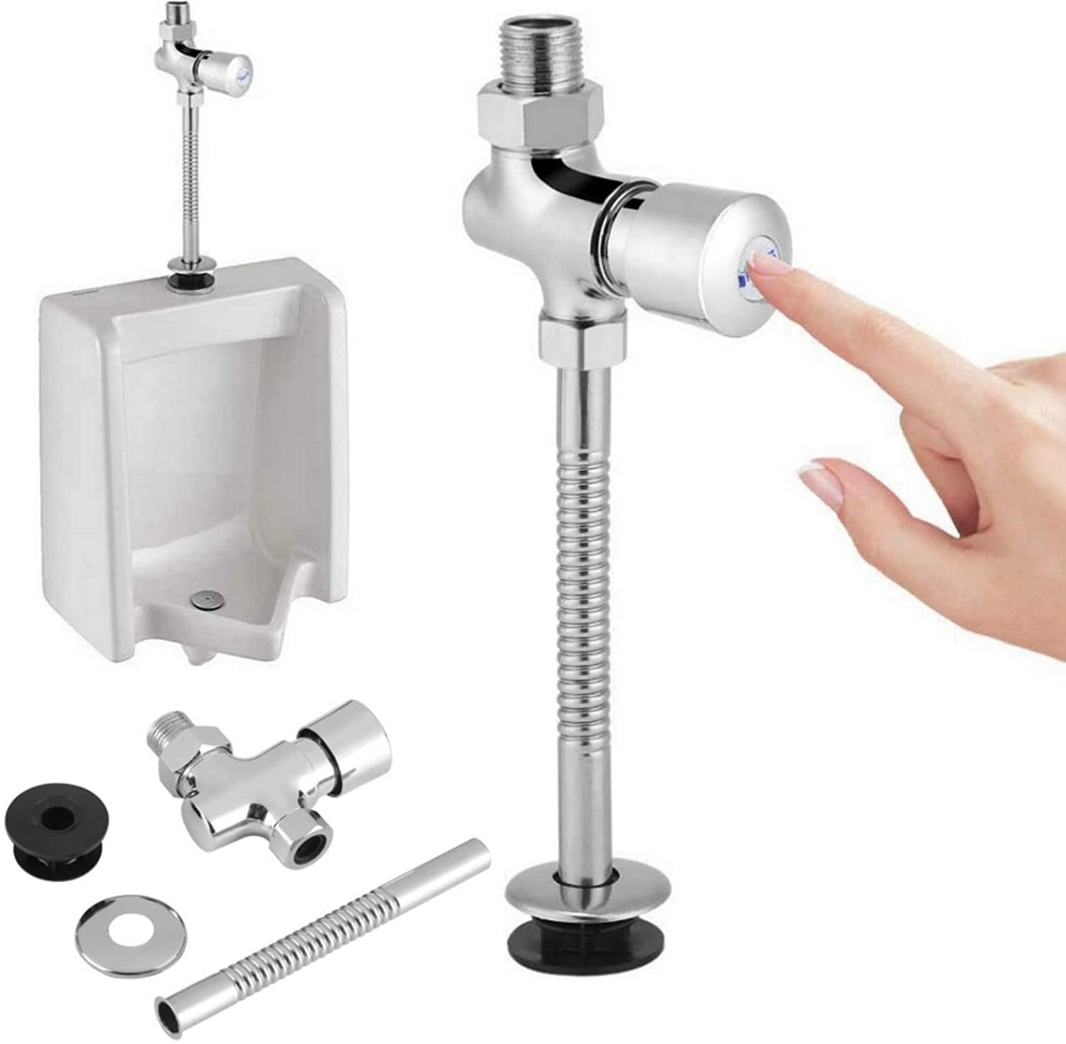 Button Type Urinal Flush Valve, Bath Toilet Urinal Flush Valve Assy with Bend Pipe, Urinal Chrome Supply Exposed Fittings
