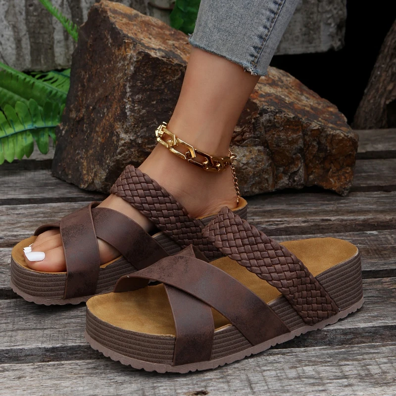 Sandalias planas de corcho para mujer, zapatillas de plataforma antideslizantes, zapatillas de exterior, sandalias para mujer: Castaño / 43
